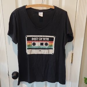 Black Graphic T-Shirt with Cassette Design